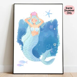 Mermaid Watercolor Art Print: Pink Coral Ocean Scene (Digital Download)