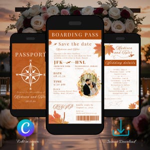 Wedding Passport Invitation, Autumn Fall Wedding Invites, Plane Ticket Boarding Pass Save the Date Invite, Canva Wedding Invite