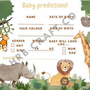 Jeu de prédictions de baby shower - devinez la carte d'informations sur le bébé - thème animal safari dans la jungle - fichier PNG à télécharger