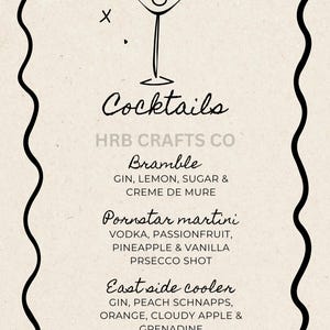 Carte de menu de cocktails - anniversaire/enterrement de vie de jeune fille - style vintage - noir et blanc neutre - imprimable personnalisable en téléchargement jpg