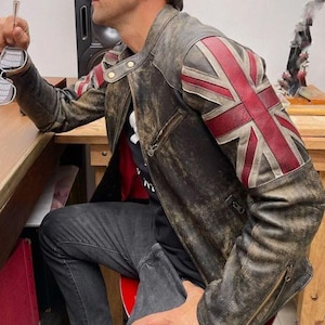 Blouson moto vintage Racer Union Jack en cuir d'agneau effet vieilli pour homme
