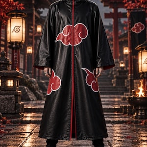 May include: A black, long-sleeved, ankle-length coat featuring a high collar and a front zipper closure. The coat is decorated with multiple red cloud motifs outlined in white. A metal headband with a circular symbol is worn on the forehead.