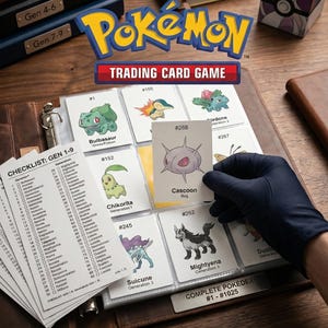 May include: A brown leather binder with Pokémon trading cards, a checklist, and the Pokémon Trading Card Game logo. The image includes a hand wearing a black glove holding a Cascoon card. Text reads "Upgrade Your Binder Aesthetic."