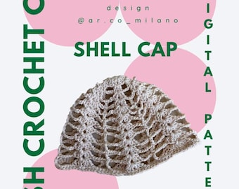 May include: A beige mesh crochet shell cap. The image includes the text "MESH CROCHET CAP", "ar.co design", "SHELL CAP", and "DIGITAL PATTERN". The background has pink circles and the text "Beginners friendly".
