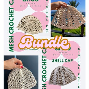 Op de afbeelding: Een digitale patroonbundel met mesh gehaakte mutsen. De afbeelding toont verschillende beige gehaakte hoeden met open weefpatronen. Tekst omvat "MESH CROCHET CAP", "SHELL CAP" en "Bundle". Het ontwerp is van ar.co_milano.