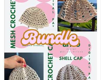 BUNDLE Mesh & Shell Crochet Cap Pattern. Skull lace beanie design. Boho chic hat for summer. PDF pattern. Beginners friendly. ENGLISH!