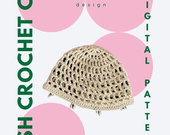 May include: A beige crochet mesh cap against a white background with green text that reads "MESH CROCHET CAP" and "ar.co design". The text "DIGITAL PATTERN" is also in green and is on the right side of the image. The text "Beginners friendly" is in black with a heart symbol.