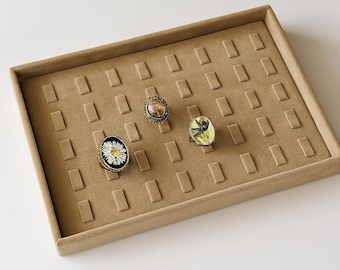 Velvet & Wood Ring Display Tray 40 Slot Jewelry Organizer Pad Holder for Rings Earrings Storage Box Showcase Stand for Shops and Collectors