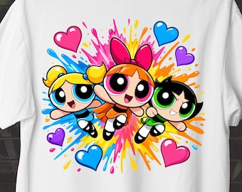 Powerpuff Girls Tshirt PNG - Cute Cartoon Character Design with Colorful Hearts - Funny, Vibrant & Playful Gift for Fans - Digital Download