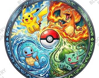 Pokémon T-shirt Design PNG - Pikachu, Charizard, Squirtle & Bulbasaur | Digital Download | Pokémon Art PNG | Sublimation PNG