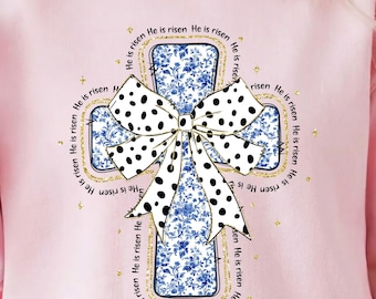 Blue Chinoiserie Floral Cross PNG, Christian Faith Bow Cross Design, Coquette Bow Cross PNG, Religious T-Shirt Design, Sublimation PNG
