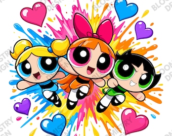 Powerpuff Girls Tshirt PNG - Cute Cartoon Character Design with Colorful Hearts - Funny, Vibrant & Playful Gift for Fans - Digital Download