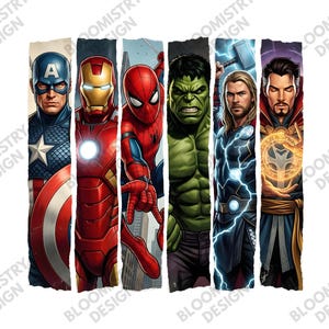 May include: A graphic featuring six Marvel superheroes: Captain America, Iron Man, Spider-Man, Hulk, Thor, and Doctor Strange. Each character is depicted in a vertical, rectangular panel with a distressed paper effect. The image is set against a white background.