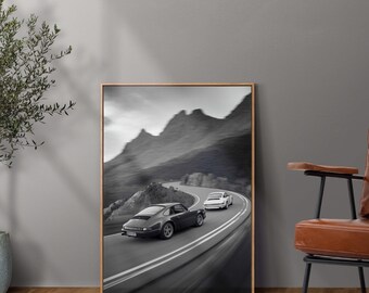 Racing Porsche Digital Art Print, Vintage Car Poster, Hypebeast Wall Decor, Automotive Wall Art, Porsche 911 Black & White
