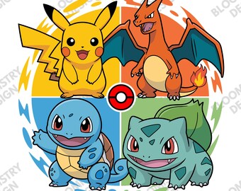 Pokemon Starter Squad PNG, Pikachu Charizard Squirtle Bulbasaur Shirt Design, Anime Graphic Tee, Digital Download, Gamer Gift PNG