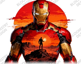 Iron Man Sunset Silhouette T-Shirt PNG, Superhero Graphic Tee Design, Marvel Inspired Digital Download, Vintage Style Hero T-Shirt PNG