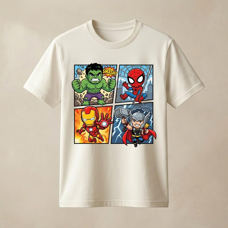 May include: A cream-coloured short-sleeve t-shirt featuring a four-panel graphic print of cartoon superheroes. The design includes the Hulk with the text SMASH, Spider-Man, Iron Man, and Thor holding a hammer, all rendered in vibrant colours.