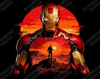 Camiseta com silhueta do Homem de Ferro ao pôr do sol em PNG, design gráfico de camiseta de super-herói, download digital inspirado na Marvel, camiseta de herói em estilo vintage em PNG.