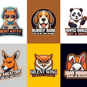 Puede incluir: Una colección de seis logotipos circulares de animales que incluyen un gato DJ con auriculares, un beagle, un panda, un canguro, un búho y un conejo. Cada logotipo incluye texto estilizado como BEAT KITTY, BUBBLY BARK, GENTLE GIGGLES, KANGACORE, SILENT WING e IRON BUNNY.