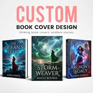 Könnte beinhalten: Drei Buchcover mit den Titeln The Ocean's Echo von Eliza Vance, Storm Weaver von Maeve Rourke und Archon's Legacy von Sarah Jenkins. Der Text CUSTOM BOOK COVER DESIGN und Striking book covers, endless stories. steht über den Büchern.