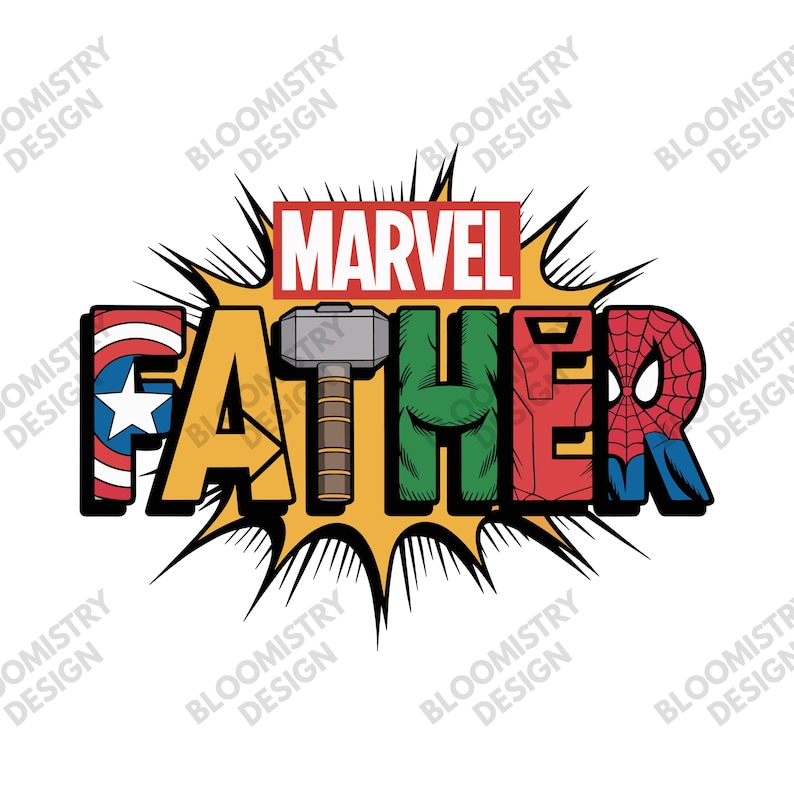 May include: A graphic design featuring the word "FATHER" in yellow, with each letter styled after a Marvel superhero. The "F" is Captain America's shield, the "A" has Thor's hammer, and the "R" is Spider-Man's mask. The word "MARVEL" is at the top.