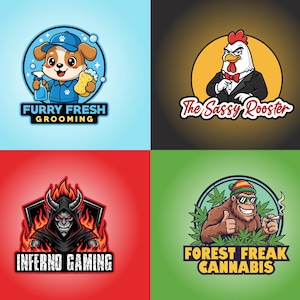 May include: Four cartoon logos on a gradient background. The logos include a dog with cleaning supplies, a rooster in a suit, a demon, and a gorilla smoking a cigarette. Text includes "Furry Fresh Grooming", "The Sassy Rooster", "Inferno Gaming", and "Forest Freak Cannabis".