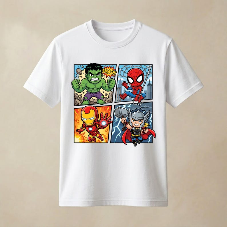 Marvel Superhero Squad Kids Shirt PNG, Hulk Spider Man Iron Man Thor T-Shirt Design, Marvel Inspired Birthday Shirt, Digital Download image 1