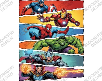 Marvel Avengers Superhero T-Shirt PNG, Captain America Iron Man Spider Man Hulk Thor Dr Strange Design, Comic Style Print, Instant Download