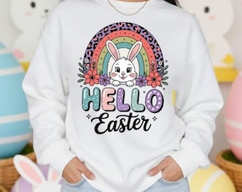 Hello Easter Bunny Shirt, Cute Pastel Rainbow Leopard Print Easter T-Shirt, Spring Graphic Tee for Women Kids, ( DIGITAL DOWNLOAD )