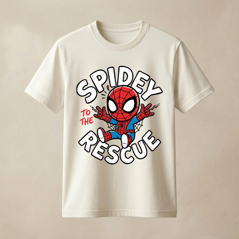 May include: A cream-colored short-sleeve t-shirt featuring a graphic of a cartoon Spider-Man character in a red and blue suit. The text "SPIDEY TO THE RESCUE" is printed in large white letters with a black outline surrounding the character.