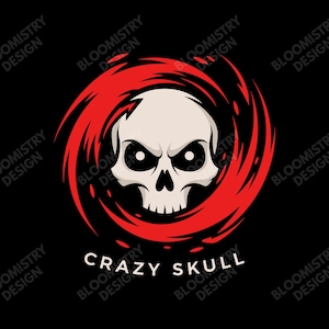 May include: A white skull with an angry expression is surrounded by a red swirl on a black background. The words "CRAZY SKULL" are written in white below the skull. The design has a bold, graphic style.