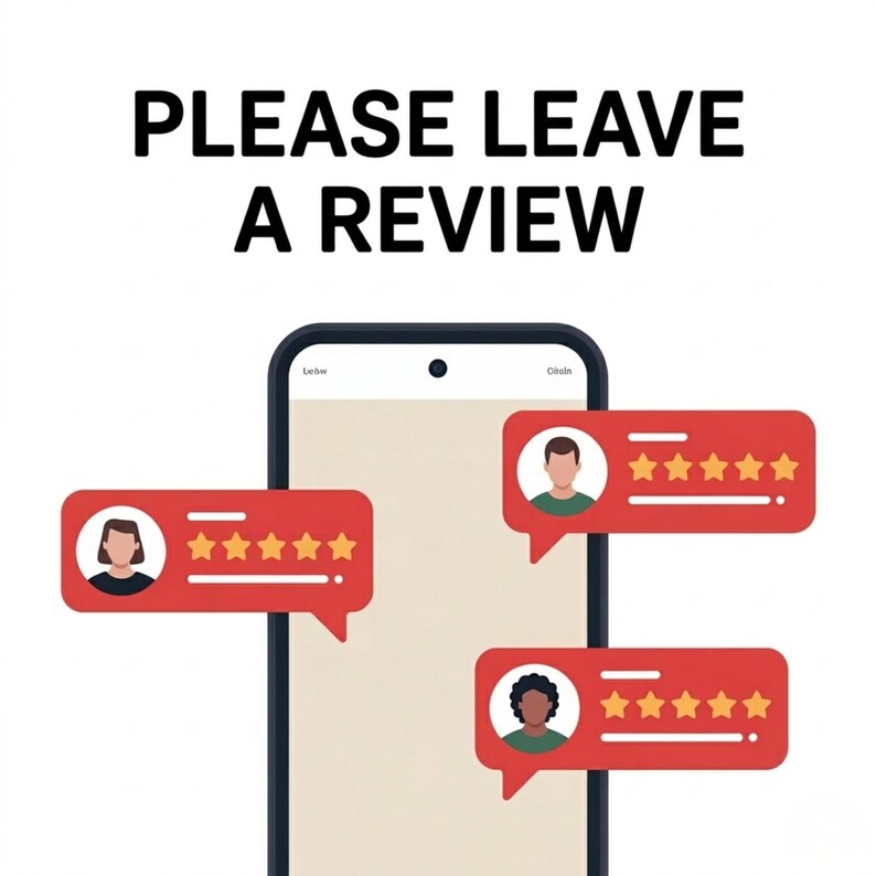 May include: A smartphone graphic with the text PLEASE LEAVE A REVIEW at the top. Three red speech bubbles surround the phone, each displaying a stylised avatar and five yellow stars, representing customer feedback and positive ratings.