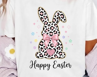 Pink Leopard Bunny Easter T-Shirt PNG, Cute Glitter Heart Rabbit Design, Girl Easter Shirt Sublimation, Trendy Spring Graphic Tee Download