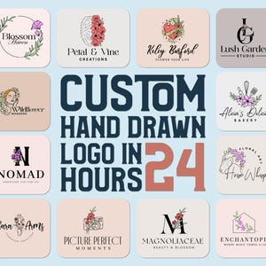 Könnte beinhalten: Eine Sammlung von zwölf verschiedenen kreisförmigen Logodesigns mit Blumen- und Pflanzenillustrationen auf hellblauem Hintergrund, mit dem zentralen Text CUSTOM HAND DRAWN LOGO IN 24 HOURS in dunkelblauer und korallenroter Schrift.