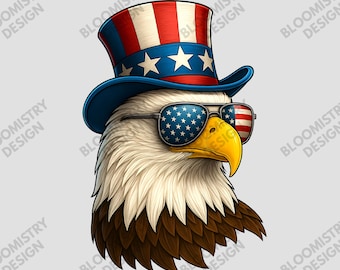 Patriotic Bald Eagle PNG, 4th of July Shirt Design, Uncle Sam Hat Eagle, USA Flag Sunglasses, Independence Day Sublimation Graphic