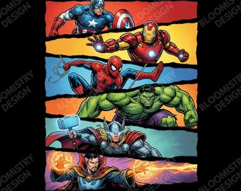Camiseta Marvel Avengers Superhero PNG, Capitão América, Homem de Ferro, Homem-Aranha, Hulk, Thor, Doutor Estranho, Estampa em Estilo Quadrinhos, Download Instantâneo