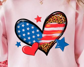 Patriotic Heart Png, USA Flag Leopard Print Heart, 4th of July T-Shirt Design, American Heart Png, Independence Day Png, Instant Download