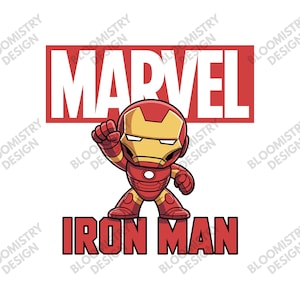Puede incluir: Ilustración de dibujos animados de Iron Man con un traje rojo y dorado, con el logotipo de Marvel arriba y las palabras "IRON MAN" abajo. La imagen está sobre un fondo blanco.