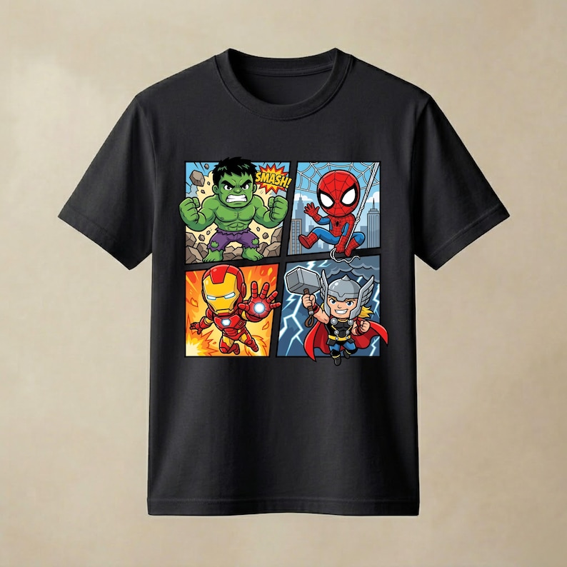 May include: A black short-sleeved t-shirt featuring a four-panel graphic print of cartoon superheroes. The panels display the Hulk with the text SMASH, Spider-Man on a web, Iron Man in flight, and Thor holding a hammer amidst lightning bolts.