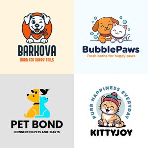 Puede incluir: Una colección de cuatro logotipos con temática de mascotas. Arriba a la izquierda: un perro guiñando un ojo con el texto BARKOVA BORN FOR HAPPY TAILS. Arriba a la derecha: un perro y un gato con burbujas y el texto BubblePaws Fresh baths for happy paws. Abajo a la izquierda: un perro y un gato con el texto PET BOND CONNECTING PETS AND HEARTS. Abajo a la derecha: un gato con gorro y el texto PURR HAPPINESS EVERYDAY KITTYJOY.