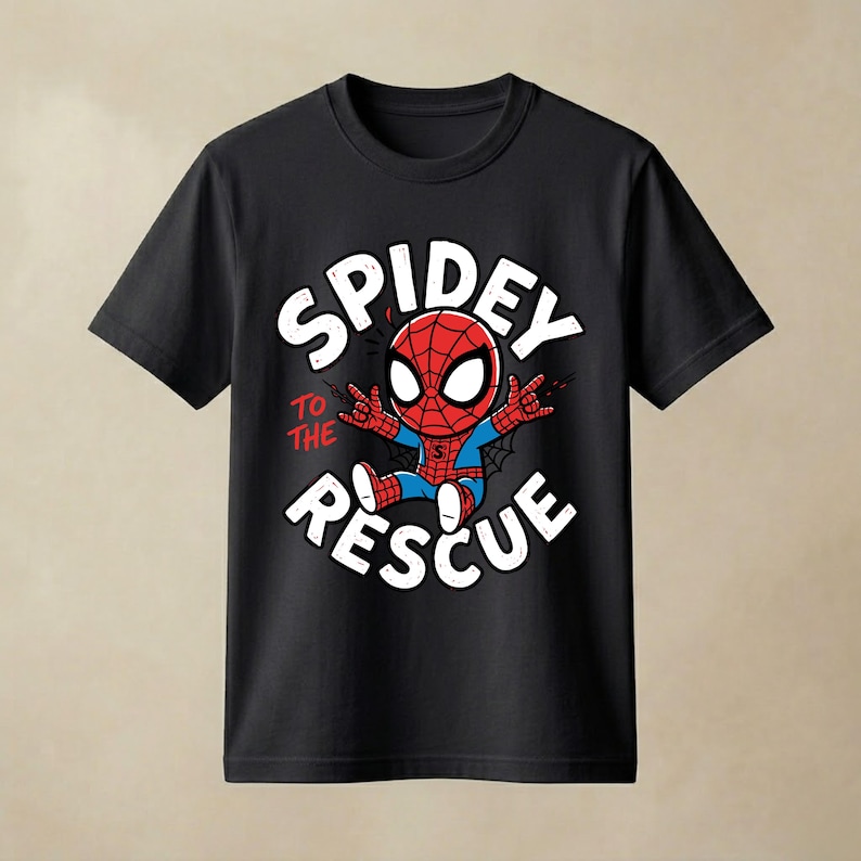 May include: A black short-sleeve t-shirt featuring a graphic of a cartoon Spider-Man character in a red and blue suit. The text "SPIDEY TO THE RESCUE" is printed in white and red around the character, who is making a hand gesture.