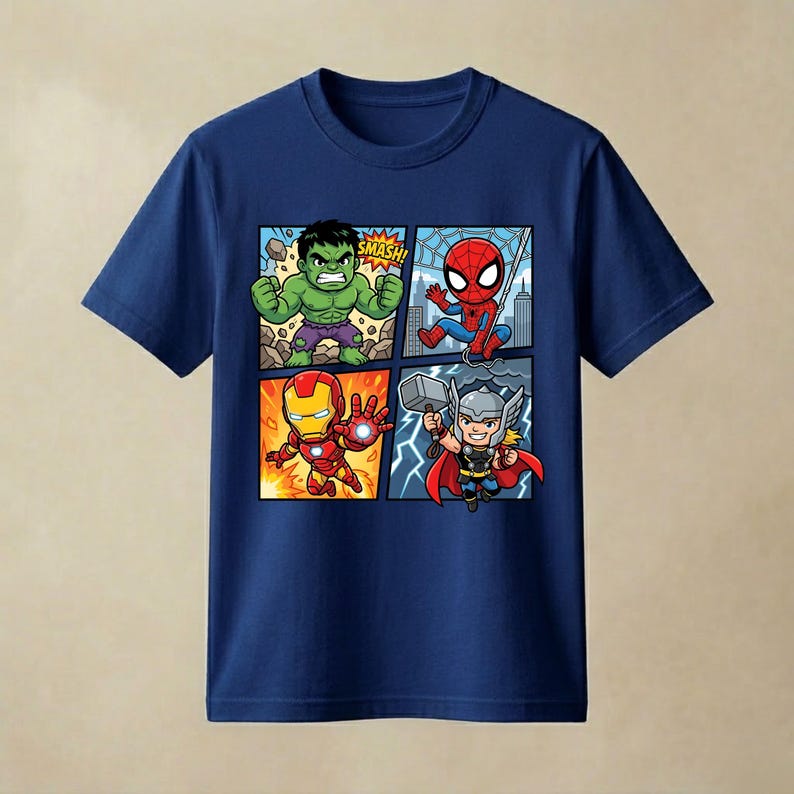May include: A navy blue short-sleeve t-shirt featuring a graphic print divided into four comic book panels. The panels display cartoon versions of Hulk with the text SMASH, Spider-Man, Iron Man, and Thor holding a hammer with lightning bolts.