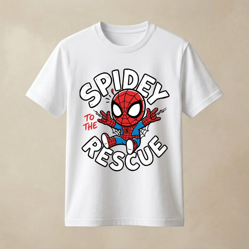 May include: A white short-sleeved t-shirt featuring a graphic of a cartoon Spider-Man character in red and blue. The text "SPIDEY TO THE RESCUE" is printed in large black letters around the character, with the words "TO THE" in red.