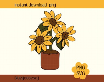 May include: A digital illustration of three smiling sunflowers in a brown pot. The sunflowers have yellow petals and brown centers. The image includes the text "Instant download | png" and "PNG SVG".