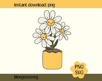 May include: A digital illustration of a potted daisy plant with smiling faces on the flowers. The daisies are white with yellow centers and are in a yellow pot. Text at the top reads "Instant download | png". A flower-shaped graphic with "PNG SVG" is in the bottom right.