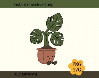 May include: A cartoon illustration of a potted plant with a smiling face and small legs. The plant has large green leaves and is in a brown pot. The image includes the text "Instant download | png" and "PNG SVG".