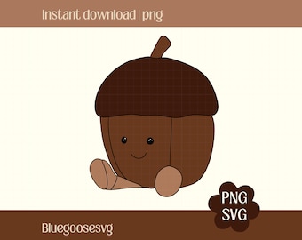 May include: A cute cartoon acorn illustration in shades of brown. The acorn has a smiling face and is sitting down. The image includes the text "Instant download | png" and "Bluegoosesvg". A flower-shaped graphic with "PNG SVG" is in the lower right corner.