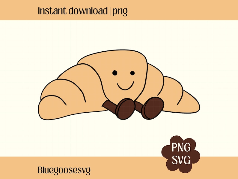 Cute digital illustration of a smiling croissant with little brown shoes, drawn in a kawaii plush-inspired style on a light background.