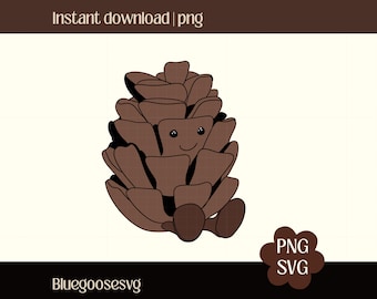 May include: A brown cartoon pinecone with a smiling face and small feet. The image includes the text "Instant download | png" at the top and "Bluegoosesvg" at the bottom. A brown flower-shaped graphic with "PNG SVG" is in the lower right corner.