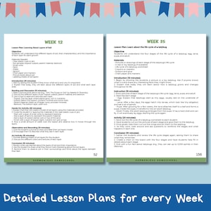 May include: Two pages of a printable lesson plan for teaching children about the layers of soil and the life cycle of a ladybug. The pages are decorated with a colourful border of pink and blue hearts. The text on the pages includes the title "Week 12" and "Week 35" and the words "Learning About Layers of Soil" and "Learn About the Life Cycle of a Ladybug".